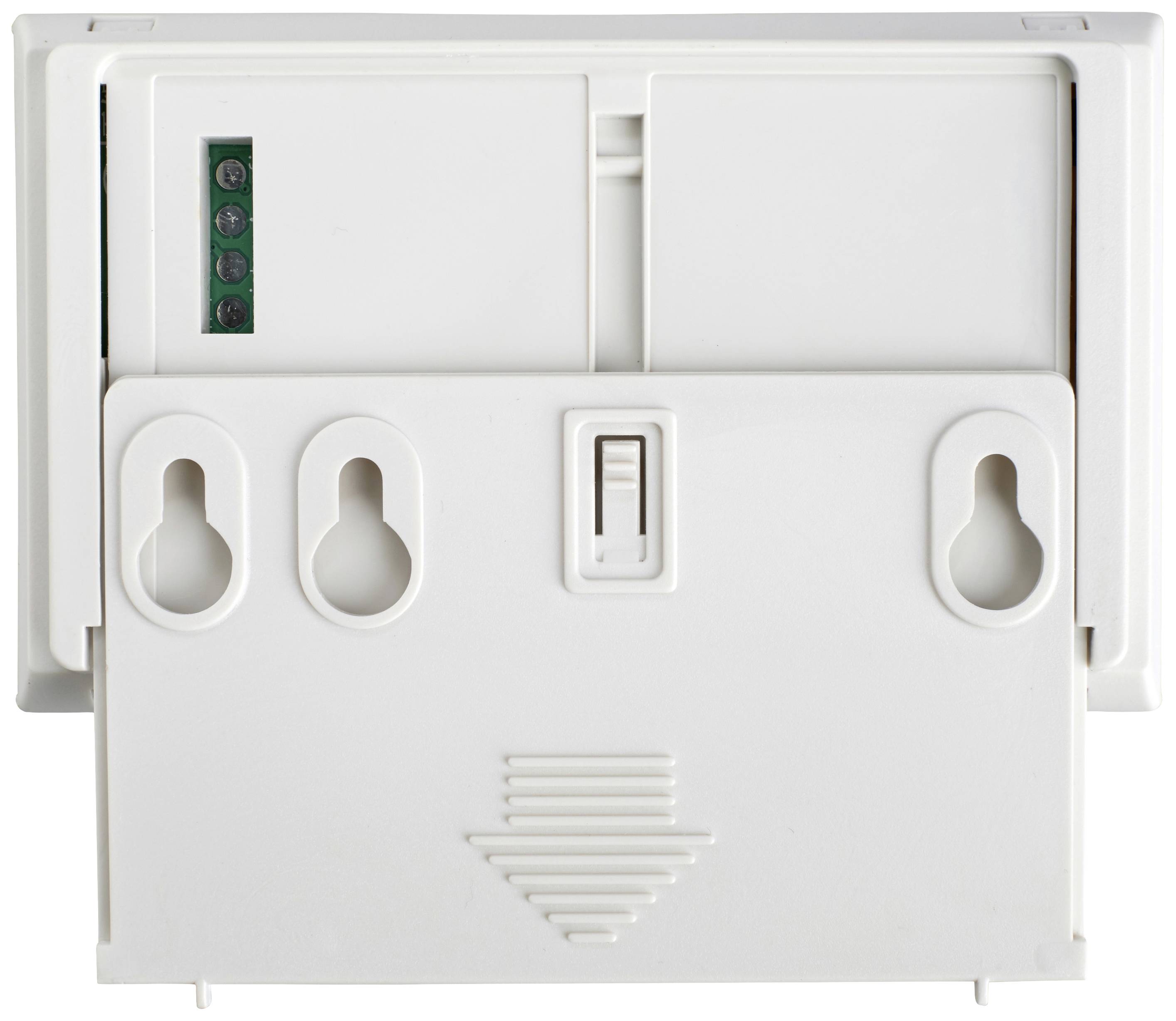 Vue arrière d'un thermostat mural blanc avec des trous de fixation, un interrupteur et des bornes pour les connexions électriques.