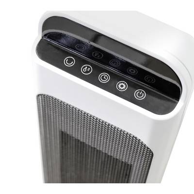 Un radiateur portable avec des touches de commande pour la régulation de la température et une minuterie. Design moderne et compact en blanc et noir.