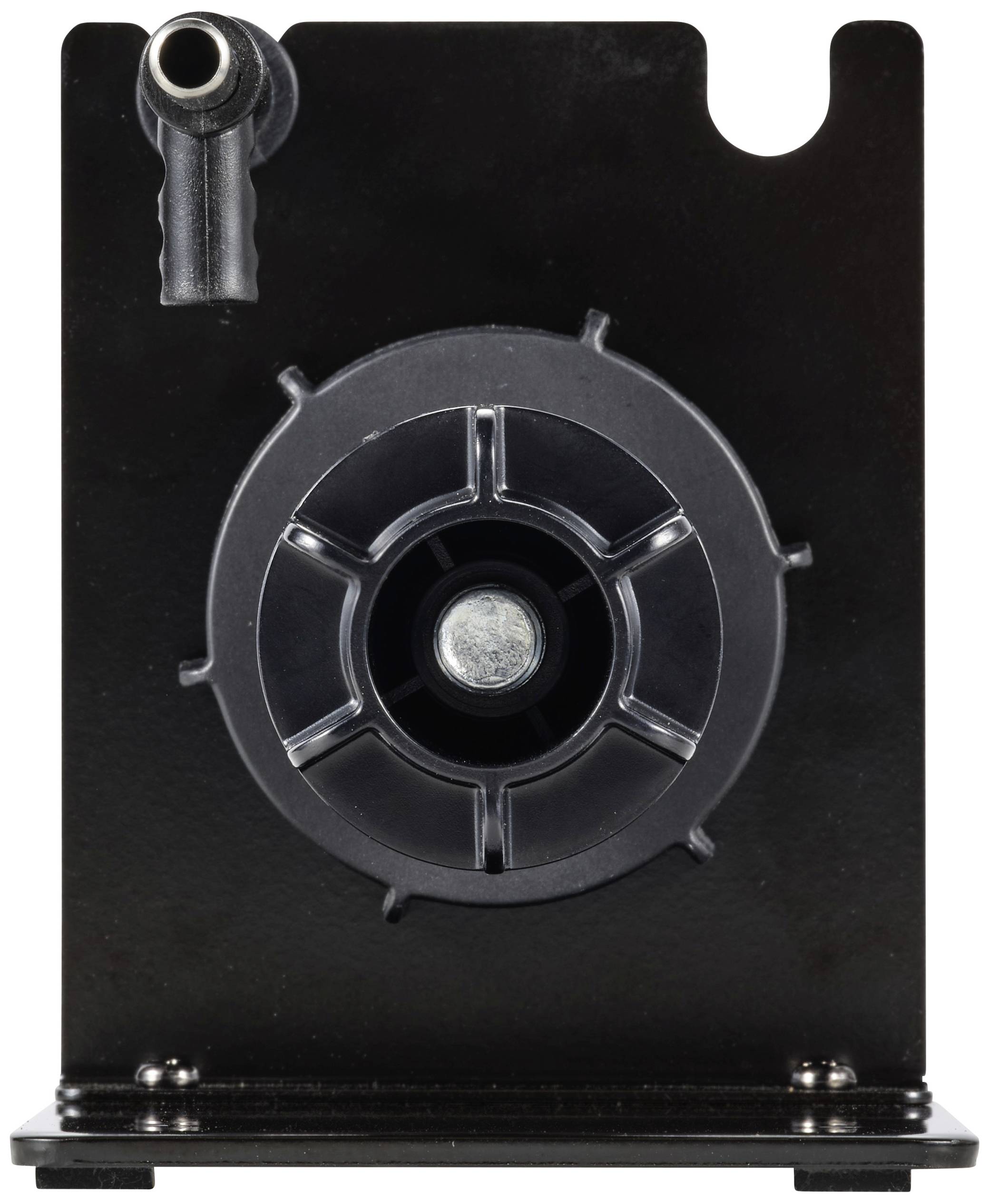 Un appareil noir et rectangulaire avec un élément central circulaire et un petit tube dans le coin supérieur gauche.