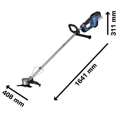 Coupe-bordures à batterie avec poignée bleue, long manche métallique, poignée noire et largeur de coupe de 408 mm, dimensions indiquées.