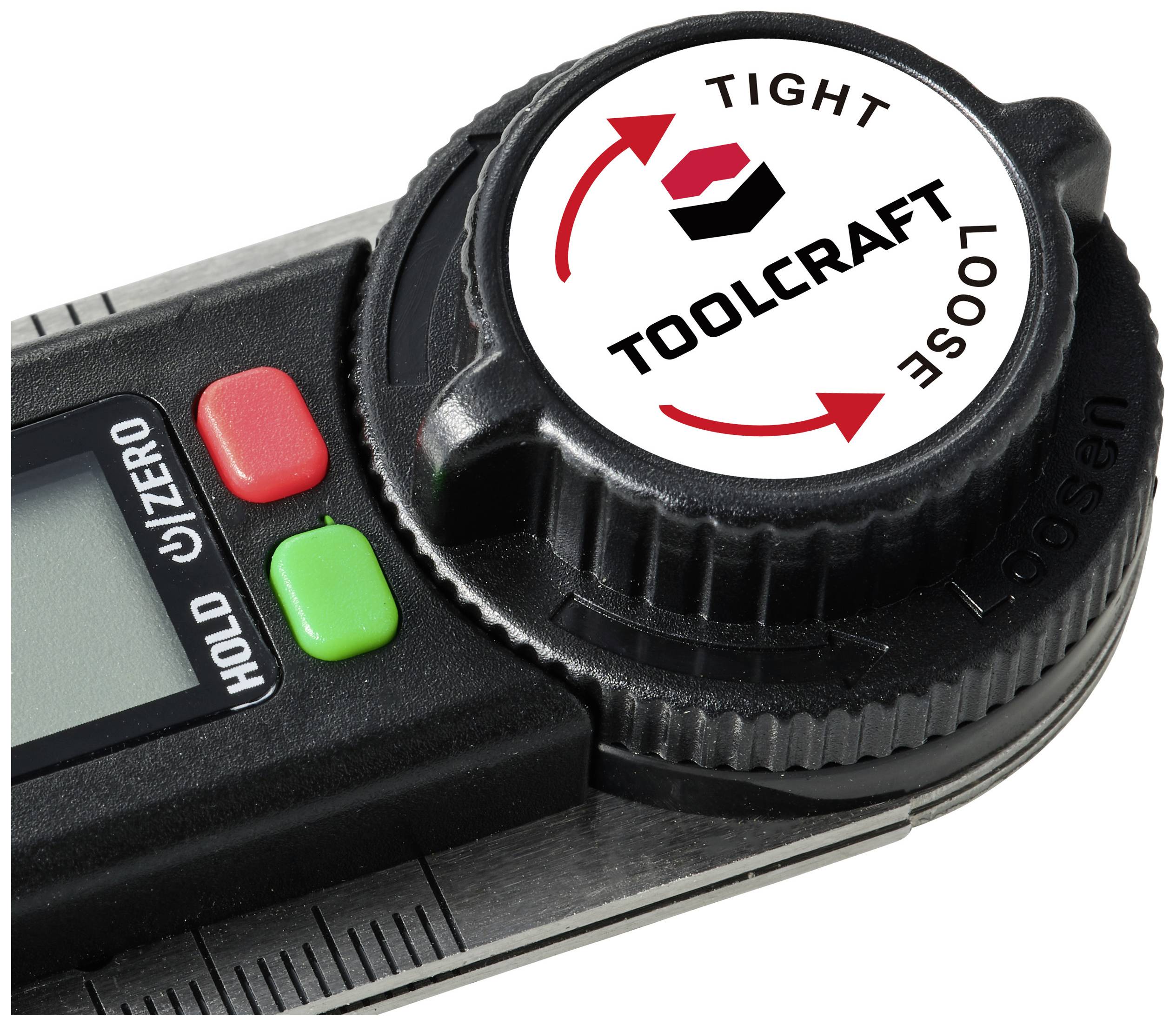 Un pied à coulisse numérique avec une roue et un bouton noirs, portant les inscriptions 'TIGHT' et 'LOOSE', et le logo 'TOOLCRAFT'.