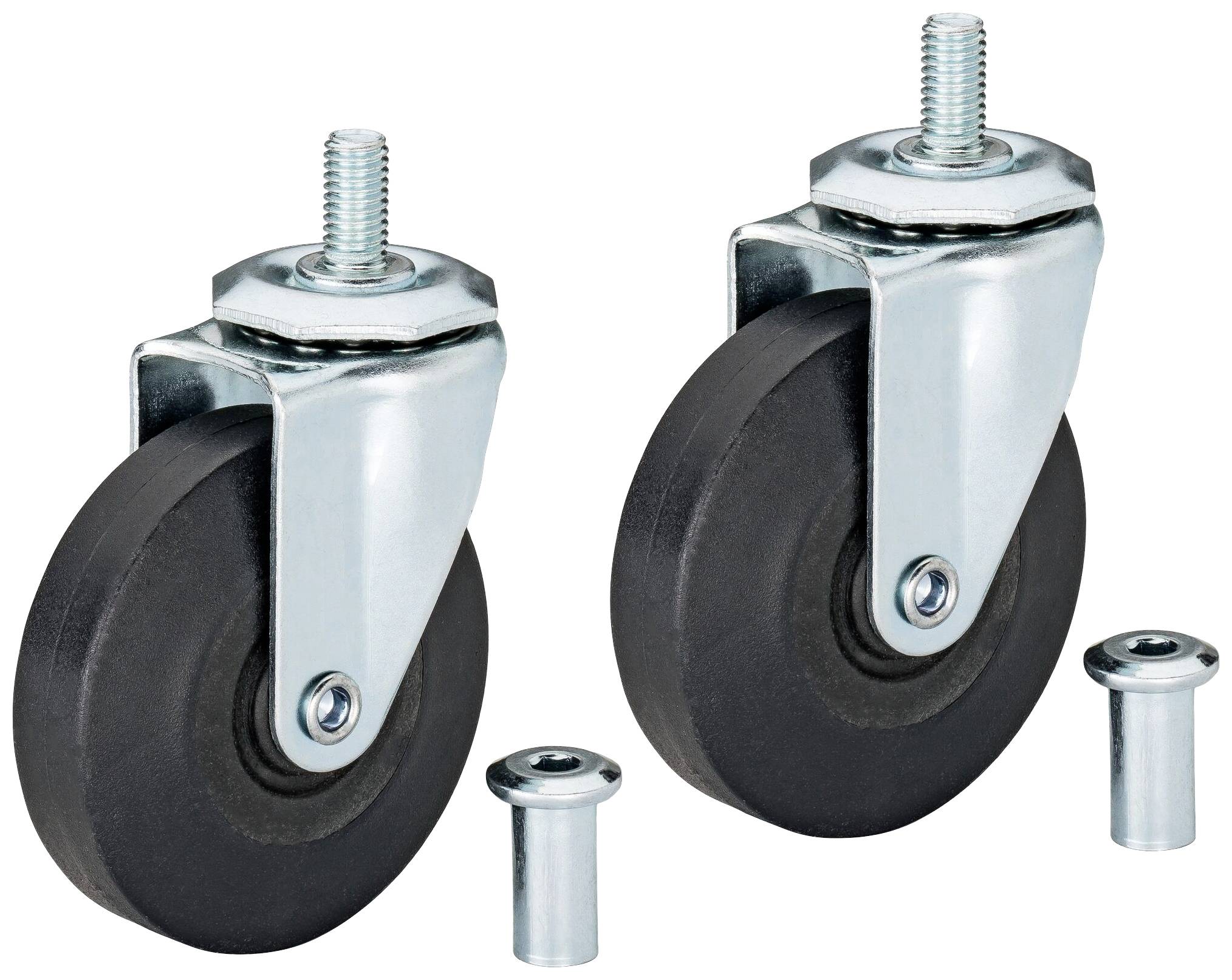 Deux roulettes pivotantes noires avec supports métalliques et deux vis de montage. Convient pour meubles ou petits appareils.
