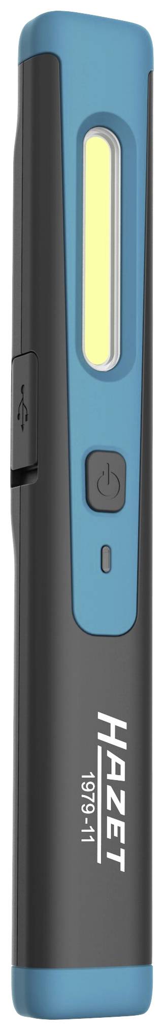 Lampe torche Hazet noire et bleue avec port USB et grand champ lumineux. Elle dispose d'un interrupteur marche/arrêt.