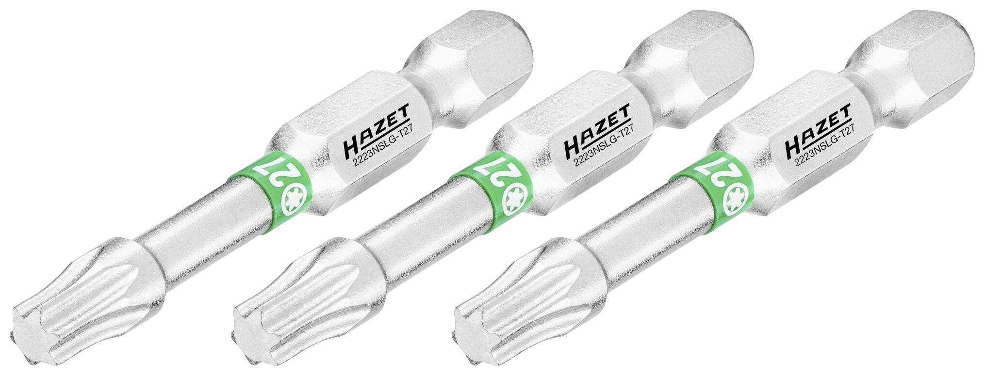 Trois embouts de tournevis argentés avec une pointe striée, portant chacun la marque 'Hazet' et un repère vert avec le chiffre '27'.