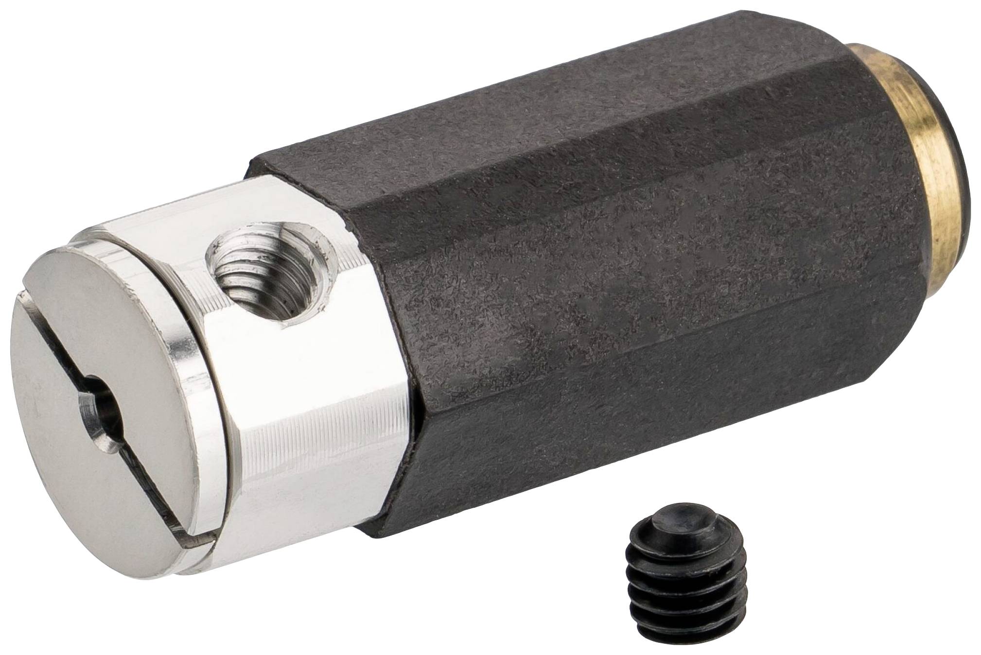 Une pièce métallique cylindrique avec un trou fileté et une petite vis noire à côté, sur un fond blanc.