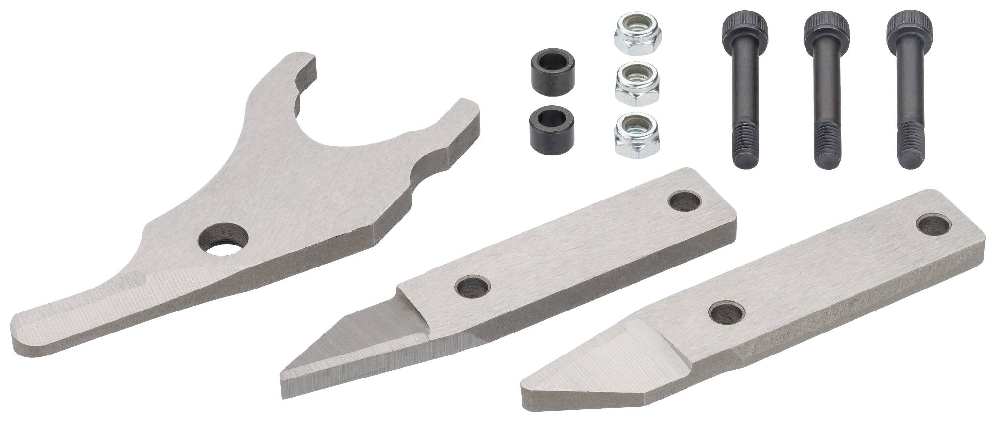 Un ensemble de pièces d'outillage en métal avec des vis et des écrous. Contient deux lames, une clé à crochet et des éléments de fixation.