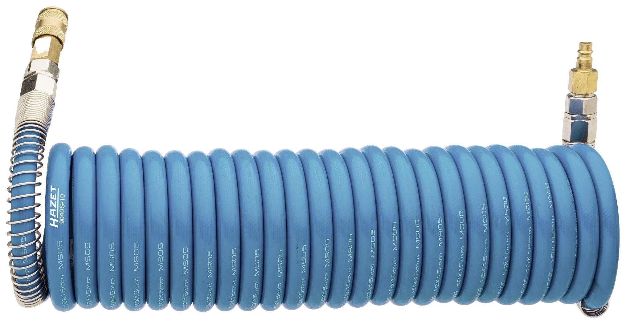 Tuyau pneumatique bleu, enroulé en spirale, avec des raccords aux deux extrémités. Le matériau est durable et flexible.