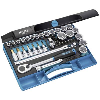 Coffret à outils comprenant un jeu de clés à cliquet et différentes douilles, organisé dans un boîtier en plastique bleu avec un couvercle noir.