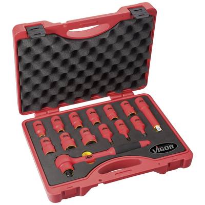 Valise rouge contenant un coffret de 12 douilles avec une mousse noire. Comprend différentes douilles et une clé à cliquet.