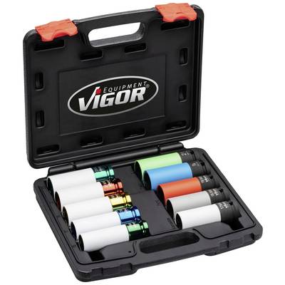 Coffret à outils avec des écrous spéciaux colorés pour roues. Contient neuf écrous de différentes couleurs et tailles dans un boîtier VIGOR.