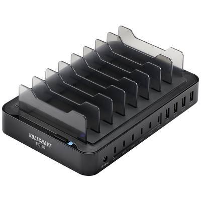 Chargeur USB noir à 10 ports avec cloisons transparentes. Logo 'VOLTCRAFT PS-10' visible à l'avant.