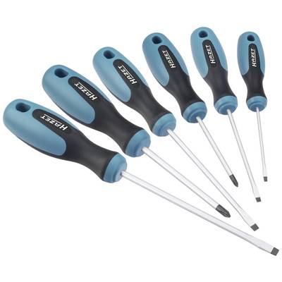 Un ensemble de cinq tournevis bleu-noir avec des poignées ergonomiques. Différentes tailles et formes pour divers types de vis.