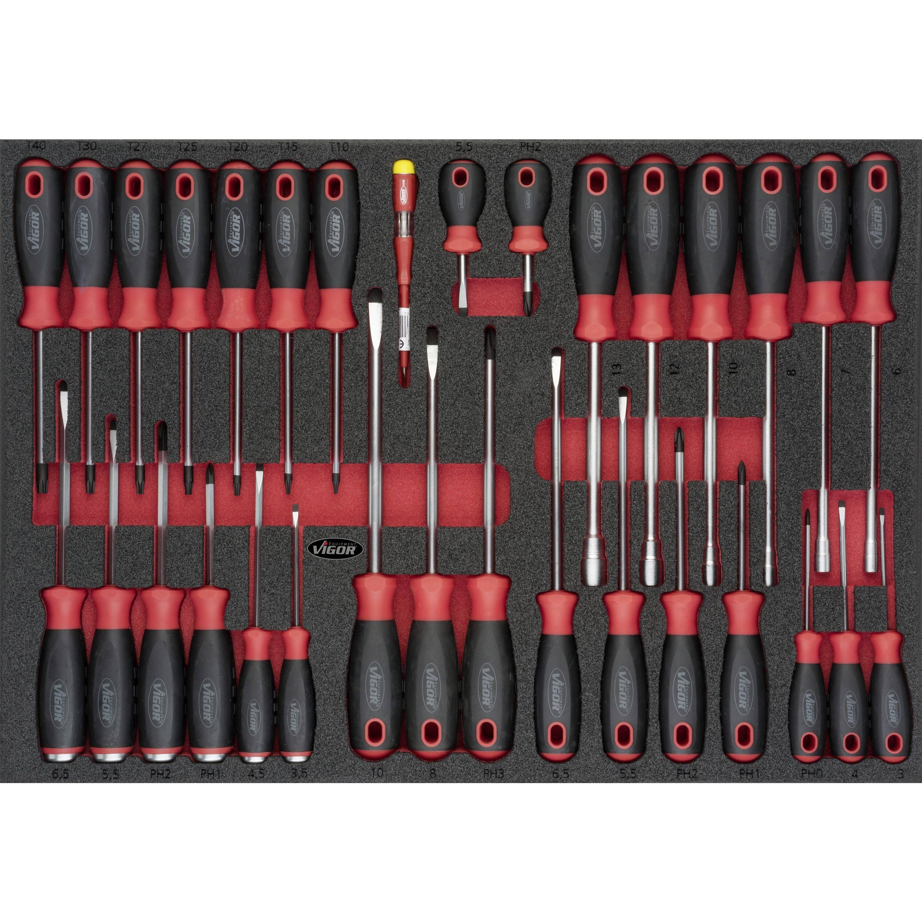 Une boîte à outils noire avec des poignées rayées de rouge et de noir contient une collection de tournevis de différentes tailles.