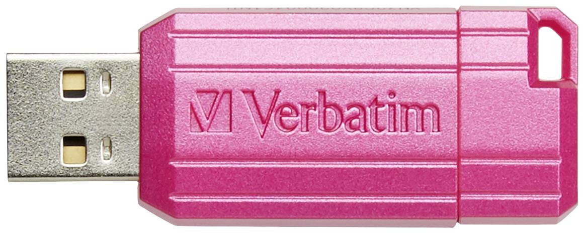 Une clé USB rose avec le logo et le nom 'Verbatim' sur le côté.