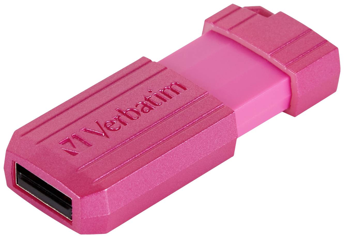 Une clé USB rose portant l'inscription « Verbatim 71 ».