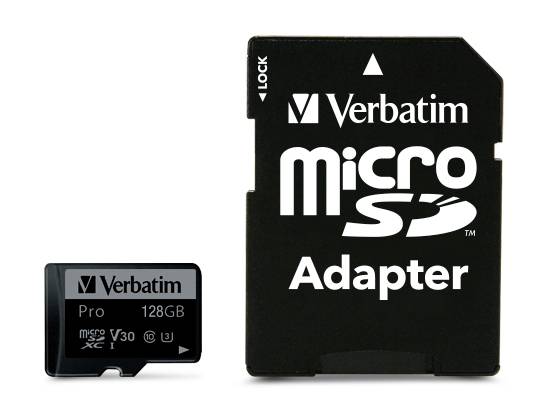 Carte microSDXC Verbatim 128 Go, PRO, U3, UHS-3, 4K UHD (R) 90 Mo/s, (W) 45 Mo/s, adaptateur SD, blister de vente au...-0