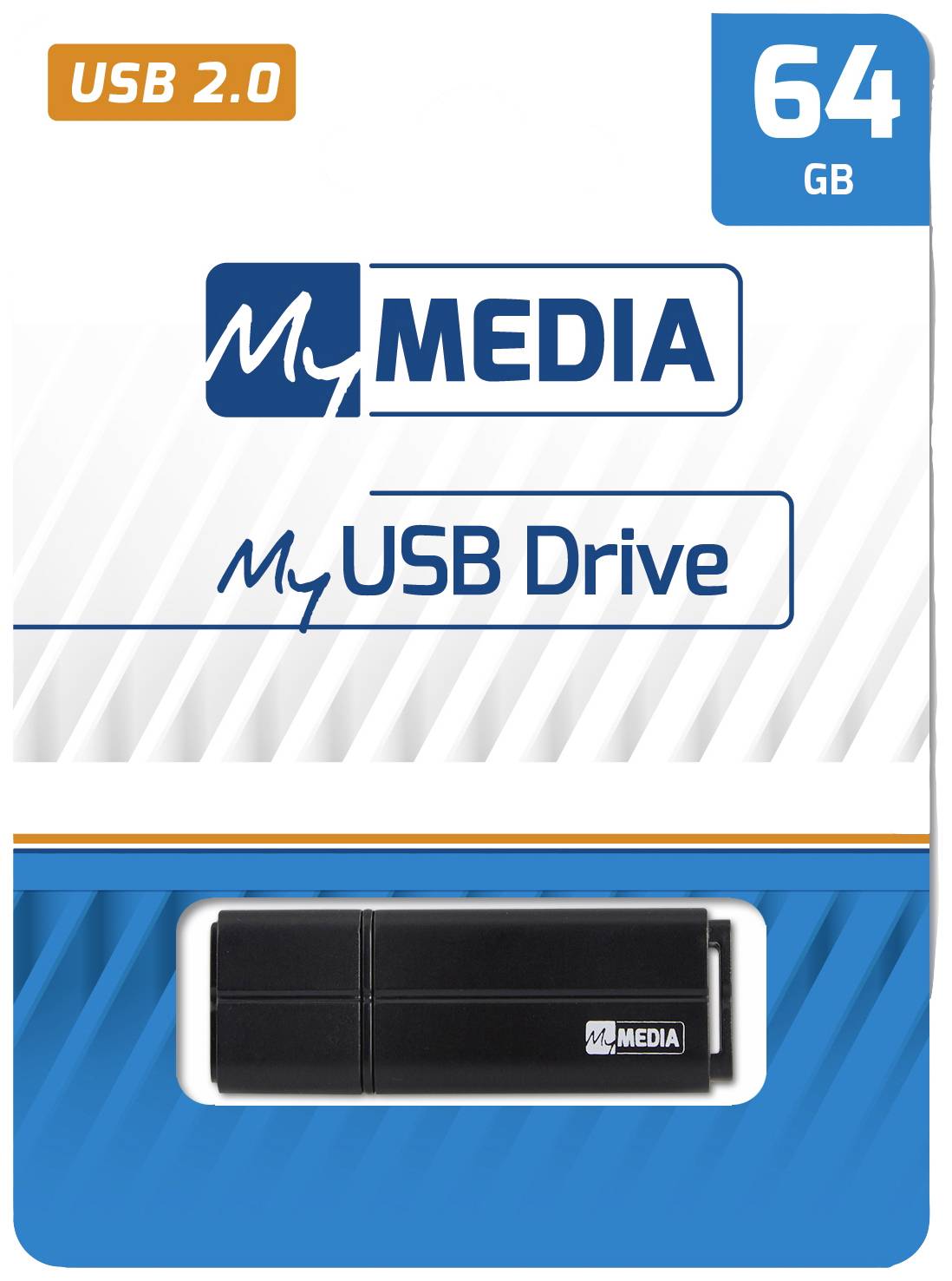 Clé USB 2.0 'MyMedia' 64 Go dans un boîtier noir, emballée dans un emballage bleu et blanc.