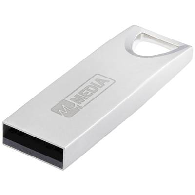 Une clé USB argentée portant l'inscription 'MEDIA' en lettres noires.