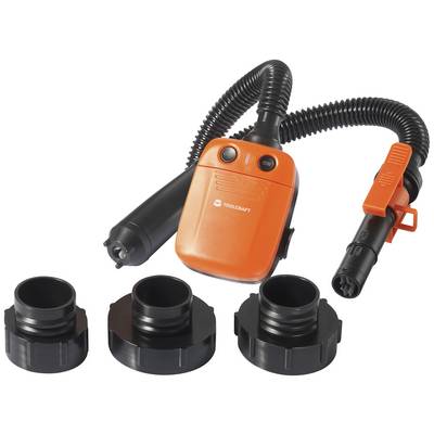 Un aspirateur orange avec un tuyau flexible et trois embouts différents. Adapté pour des tâches de nettoyage polyvalentes.