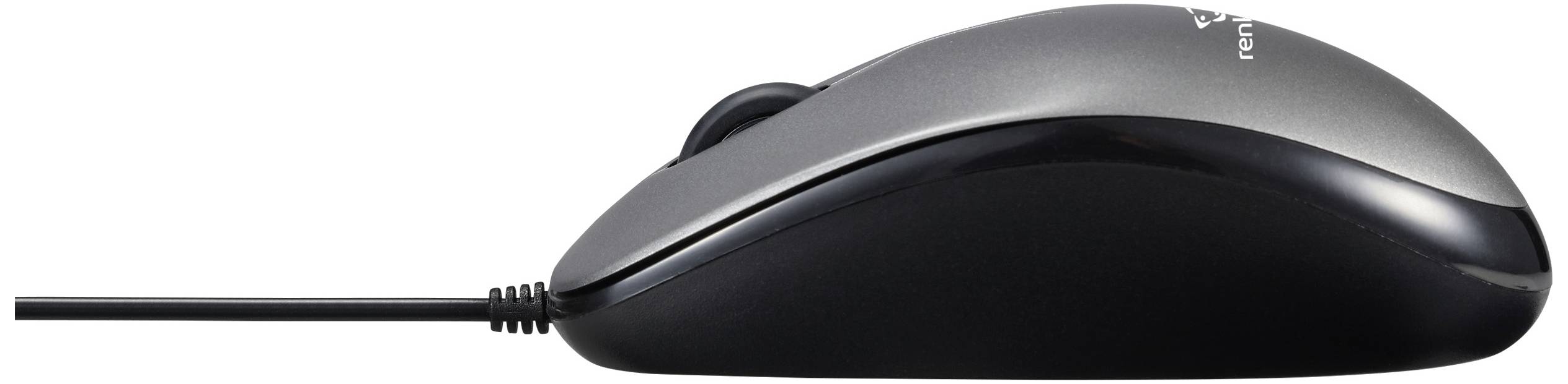 Une souris d'ordinateur filaire noire vue de côté, avec une molette de défilement et un design simple et ergonomique.