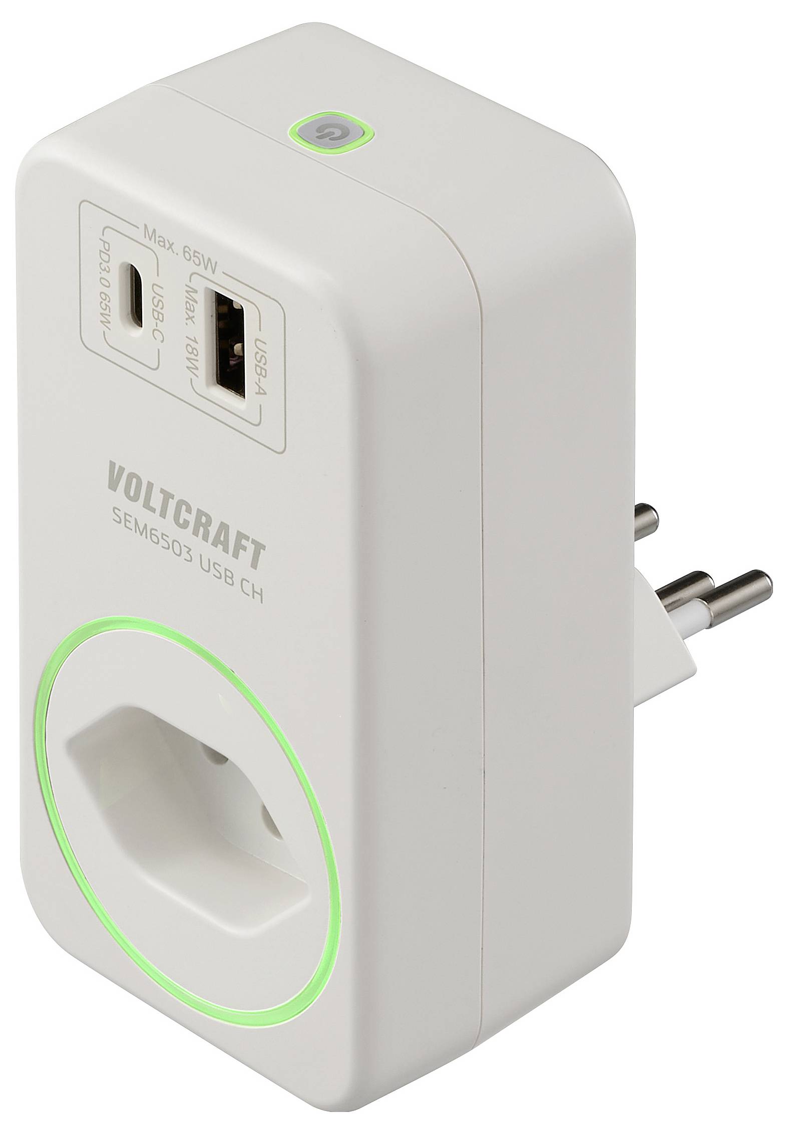 Un adaptateur secteur USB Voltcraft SEM6503 blanc avec deux ports USB et une prise électrique, équipé d'un bouton d'alimentation illuminé en vert.