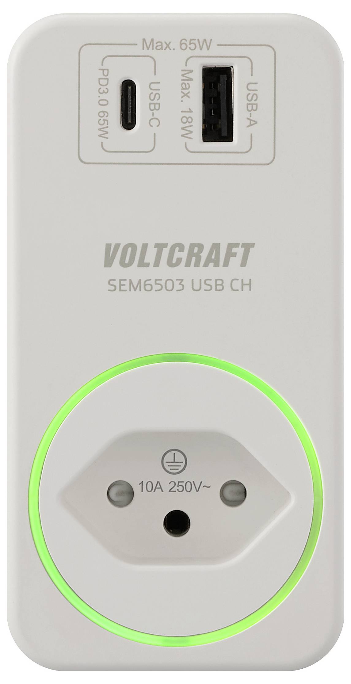 Adaptateur secteur « Voltcraft SEM6503 USB CH » avec ports USB-C (max 65W) et USB-A (max 18W), ainsi qu'une prise électrique européenne.