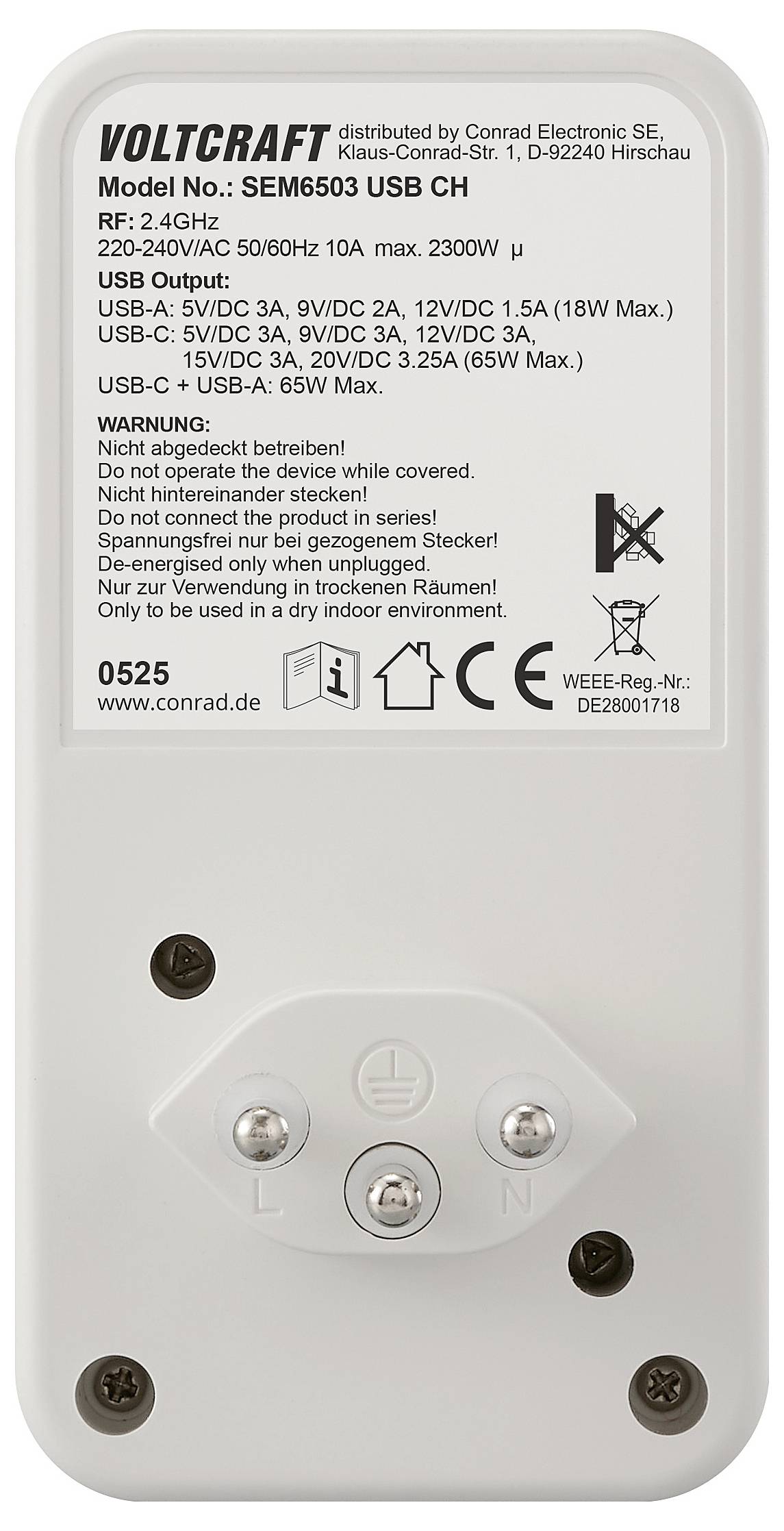 Un appareil avec des étiquettes et des spécifications indiquant le numéro de modèle SEM6503 USB CH. Les caractéristiques incluent des sorties USB et un avertissement concernant l'utilisation en intérieur.