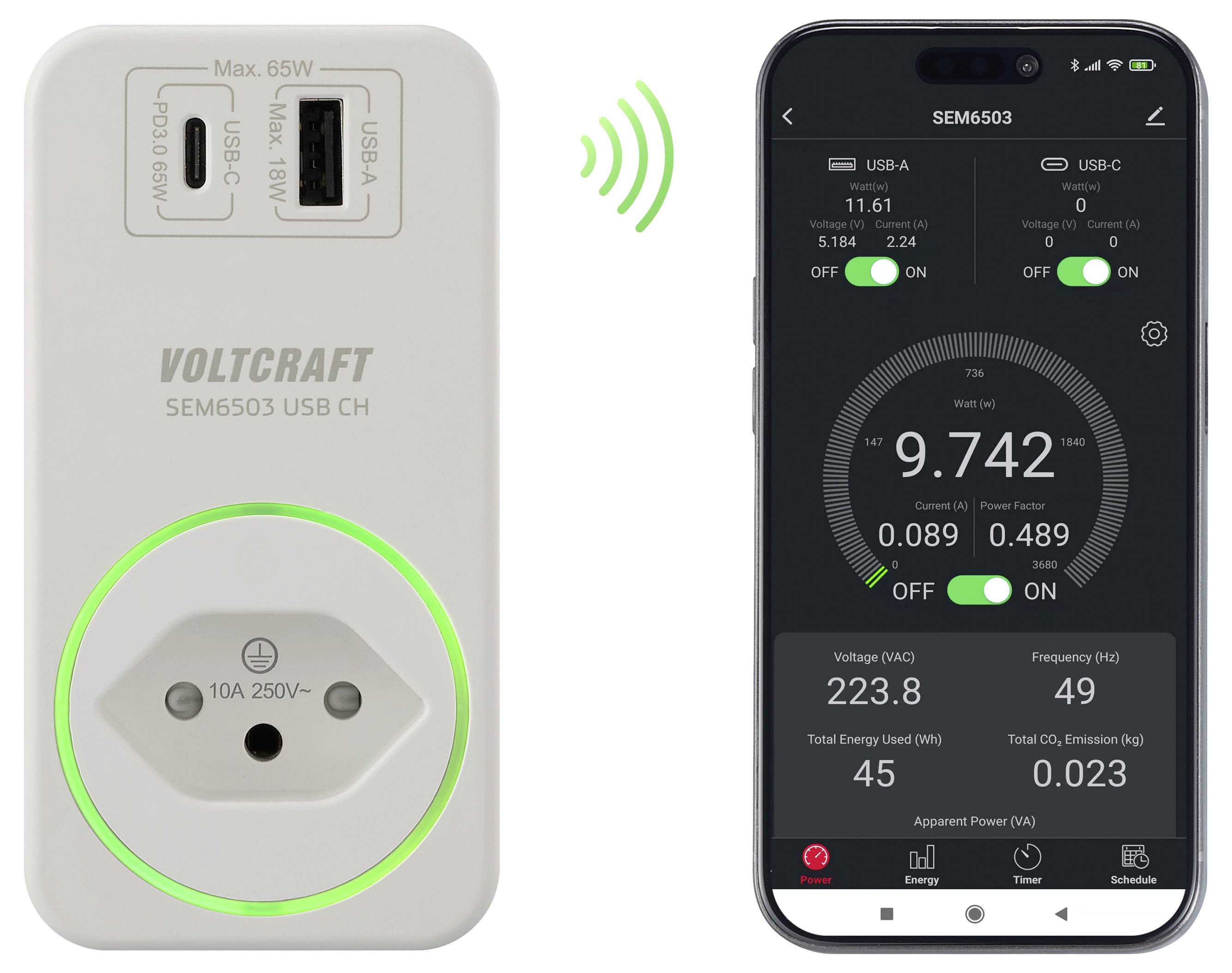 Une prise intelligente affichant les données de consommation d'énergie en temps réel sur une application smartphone. La prise dispose de ports USB et d'une prise de courant.