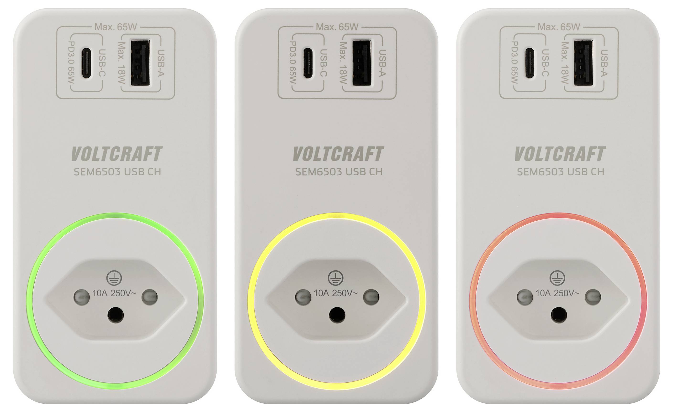 Trois prises électriques Voltcraft avec ports USB affichent différentes couleurs de LED : vert, jaune et rouge, indiquant des états variés.