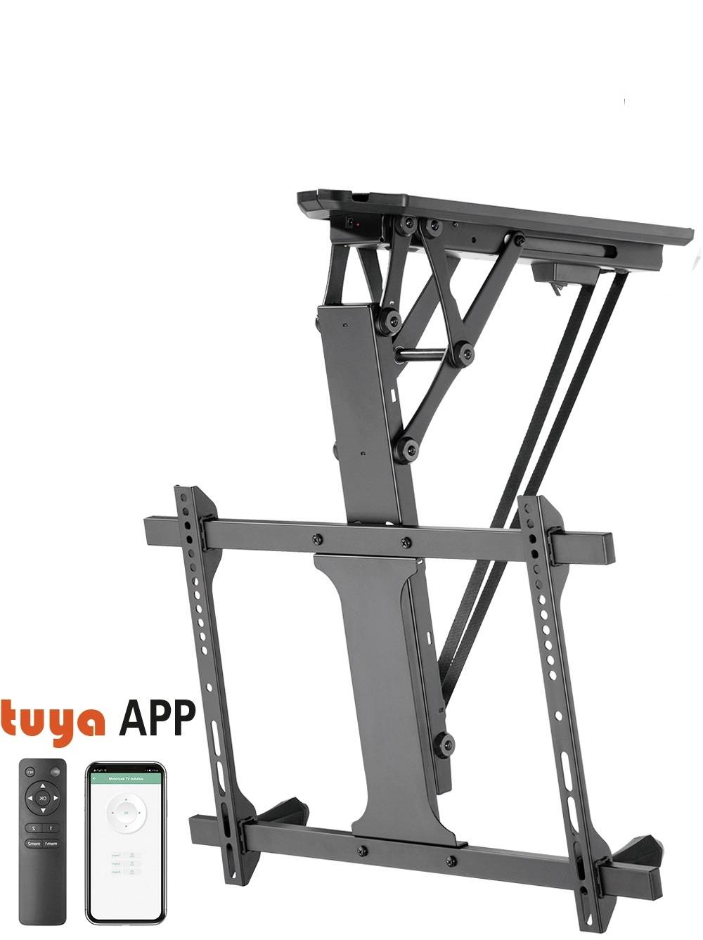 Support de téléviseur électriquement ajustable avec télécommande. Compatible avec le contrôle via l'application 'Tuya'.