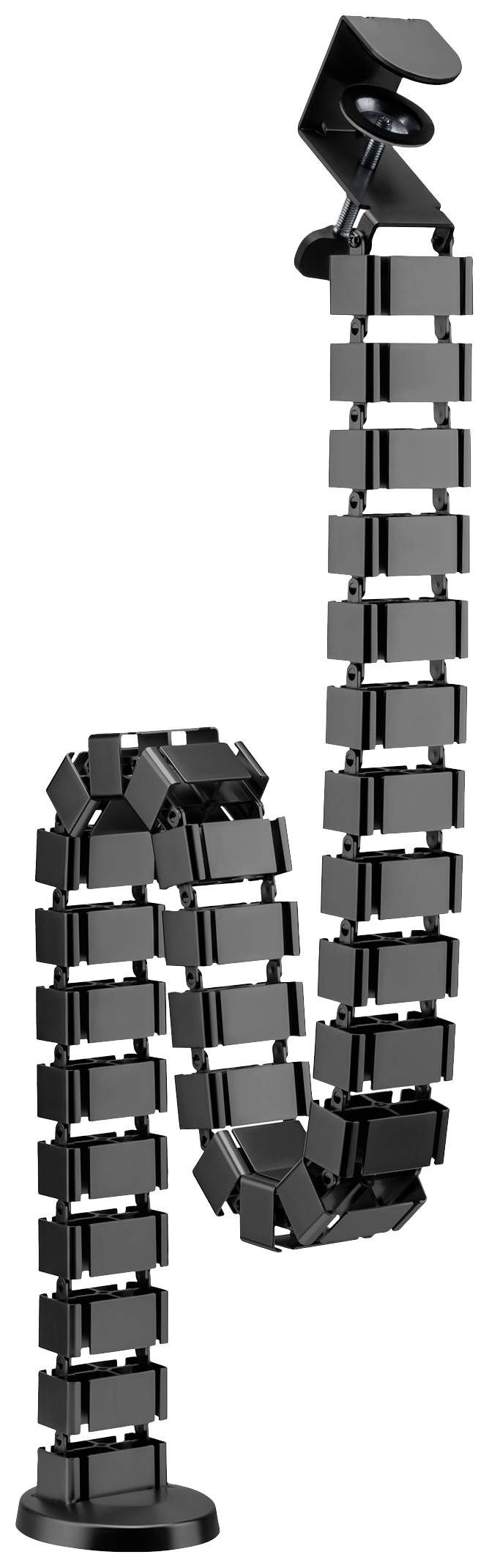 Goulotte de câbles noire en structure en S pour le guidage vertical des câbles sur des bureaux ou des postes de travail.