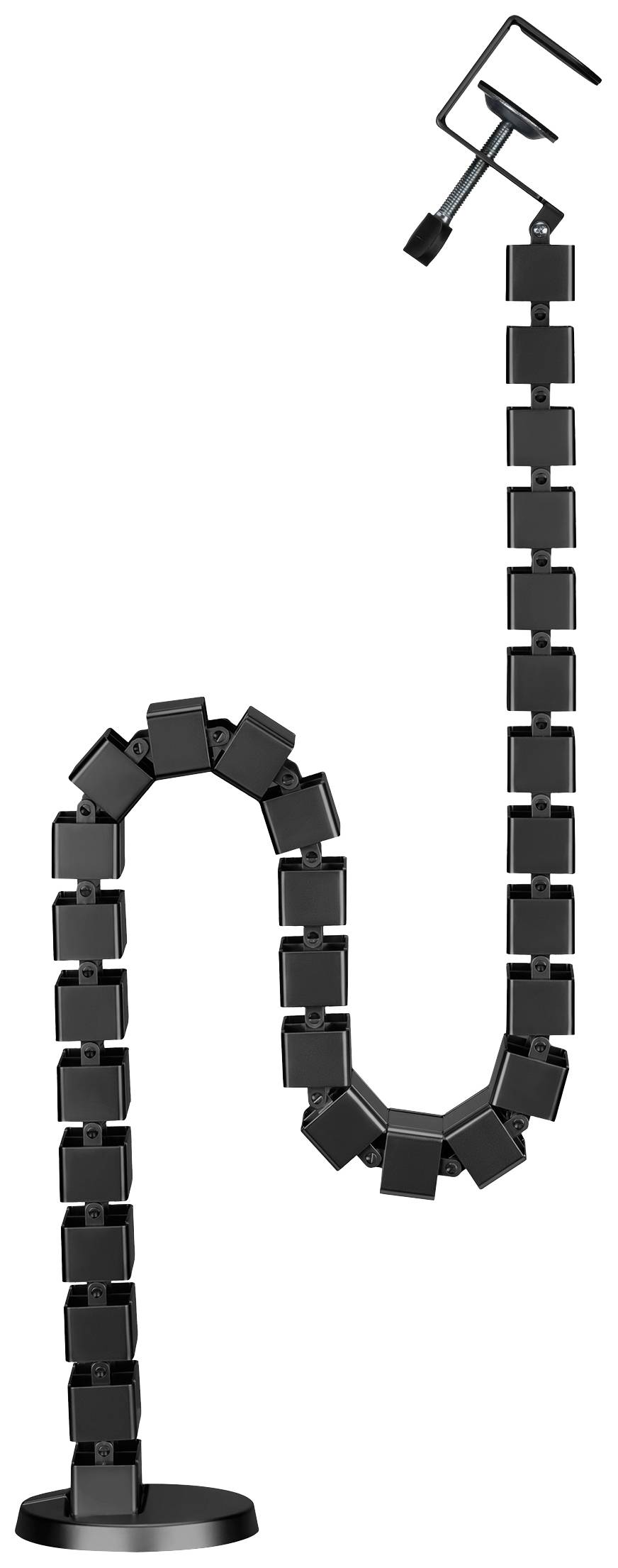 Canal de câbles noir avec plusieurs sections segmentées. Il est conçu de manière flexible pour maintenir les câbles organisés. Repose sur une base ronde et dispose d'une pince de table en haut.