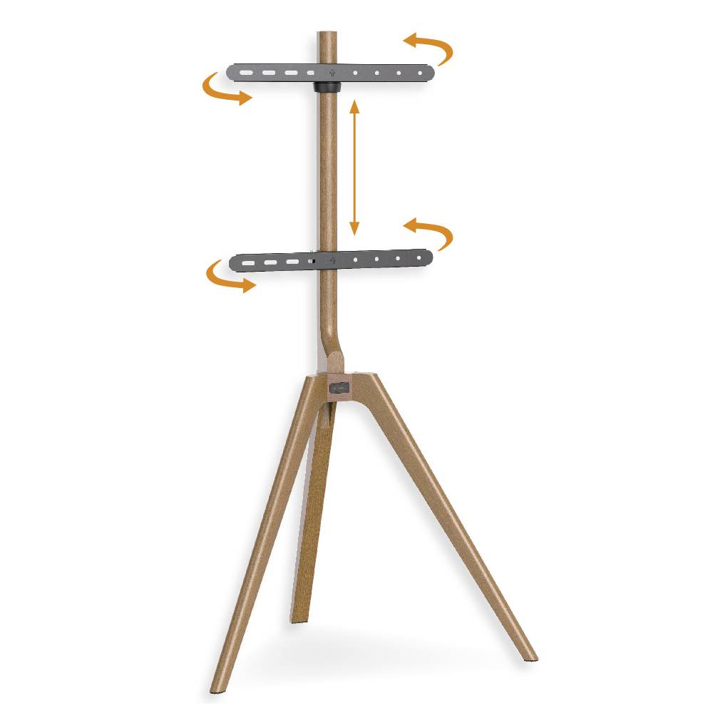 Un support réglable en hauteur avec deux supports horizontaux. Des flèches indiquent les possibilités d'ajustement. Idéal pour les écrans.