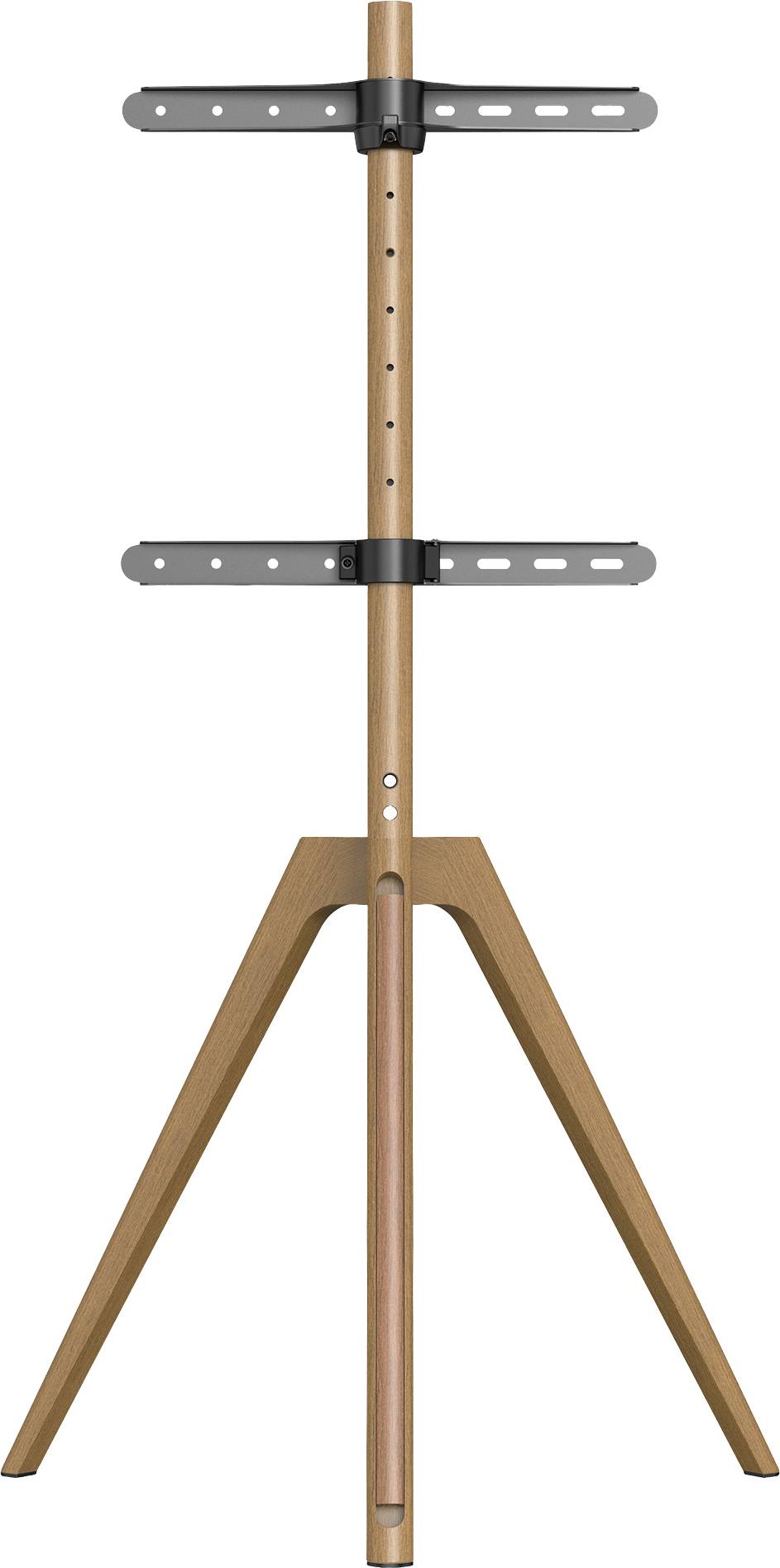 Support de téléviseur en bois au design trépied avec réglage en hauteur. Adapté pour le montage d'un téléviseur à écran plat.