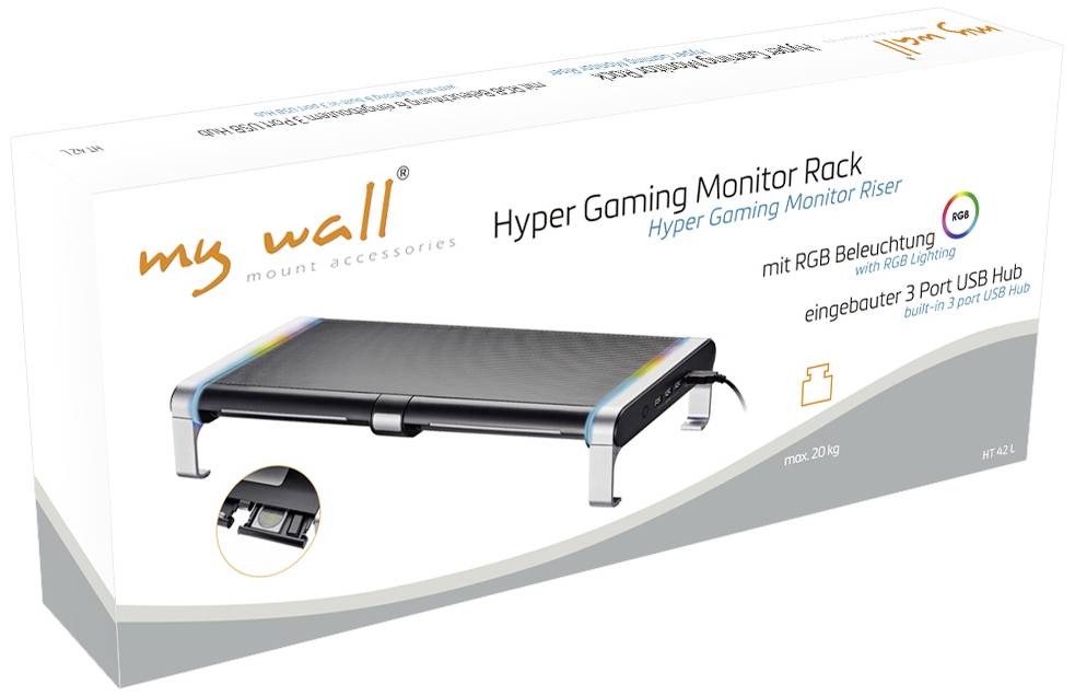 Support de moniteur de jeu Hyper avec éclairage RVB et hub USB 3 ports intégré, capacité de charge maximale de 25 kg. L'emballage présente une image du produit.