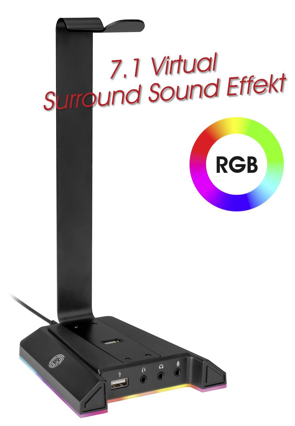 Support de casque noir avec l'effet 'Son Surround Virtuel 7.1' en texte rouge et un cercle RGB multicolore sur fond blanc.