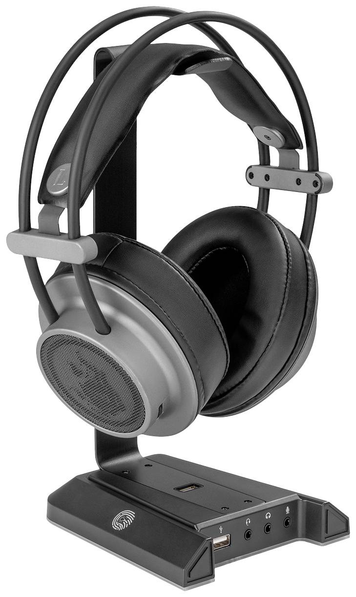 Un casque noir sur un support avec un système intégré de lecture audio et des boutons de contrôle.