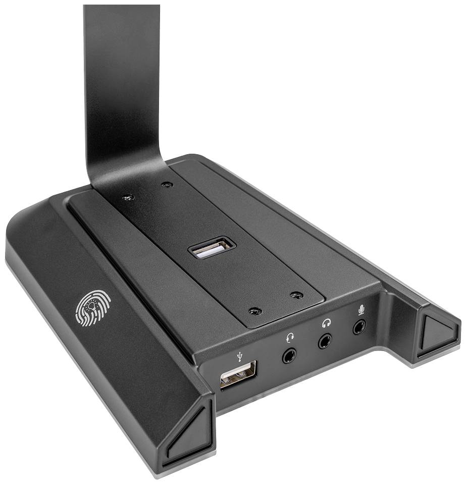 Support de microphone éclairé avec symbole d'empreinte digitale, port USB et prises audio, adapté aux configurations audio professionnelles.