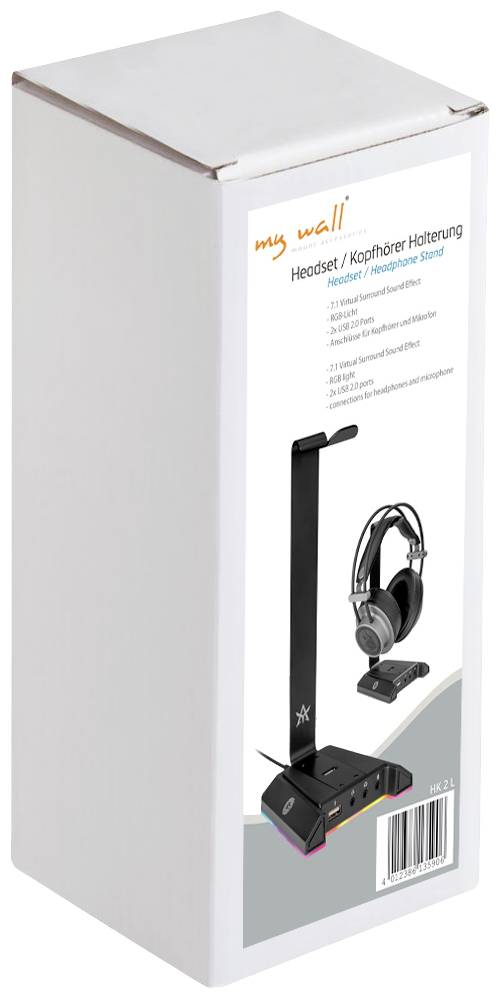 Emballage en carton d'un support de casque 'my wall'. Montre un casque sur le support et énumère des fonctionnalités telles que le rangement des écouteurs.