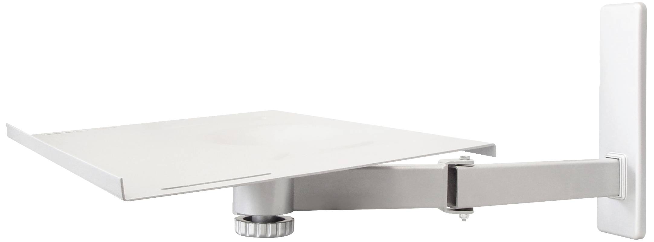 Support mural ajustable en métal avec étagère plate large, adapté pour le placement d'appareils électroniques ou de livres.