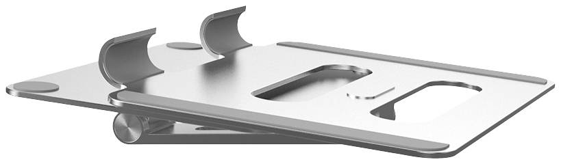 Un support pour ordinateur portable en argent métallisé, avec un angle inclinable réglable et des pieds antidérapants en caoutchouc.