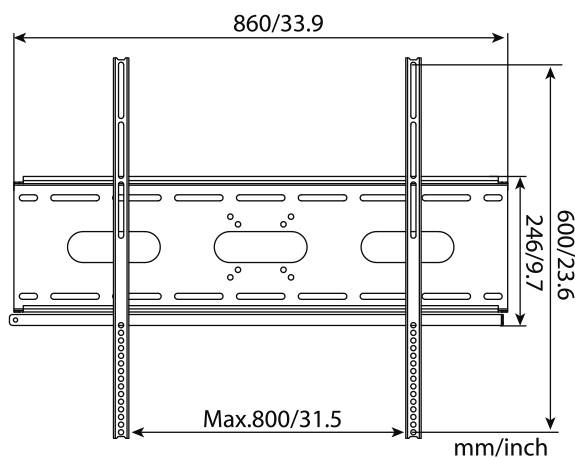 Dessin technique d'un support mural. Dimensions : largeur 860 mm (33,9 pouces), hauteur 600 mm (23,6 pouces), montage maximal 800 mm (31,5 pouces).