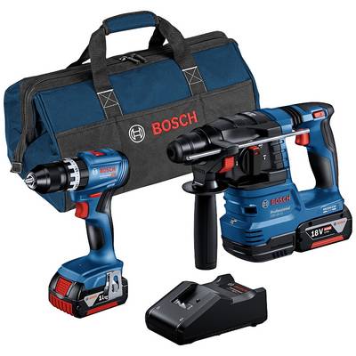 Ensemble de perceuses-visseuses avec deux appareils bleus fonctionnant sur batterie, chargeur et un sac noir Bosch. Idéal pour les bricoleurs.