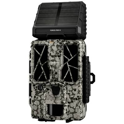 Une caméra de chasse camouflée avec un panneau solaire sur le dessus. La caméra présente un design moderne et est adaptée à une utilisation en extérieur.