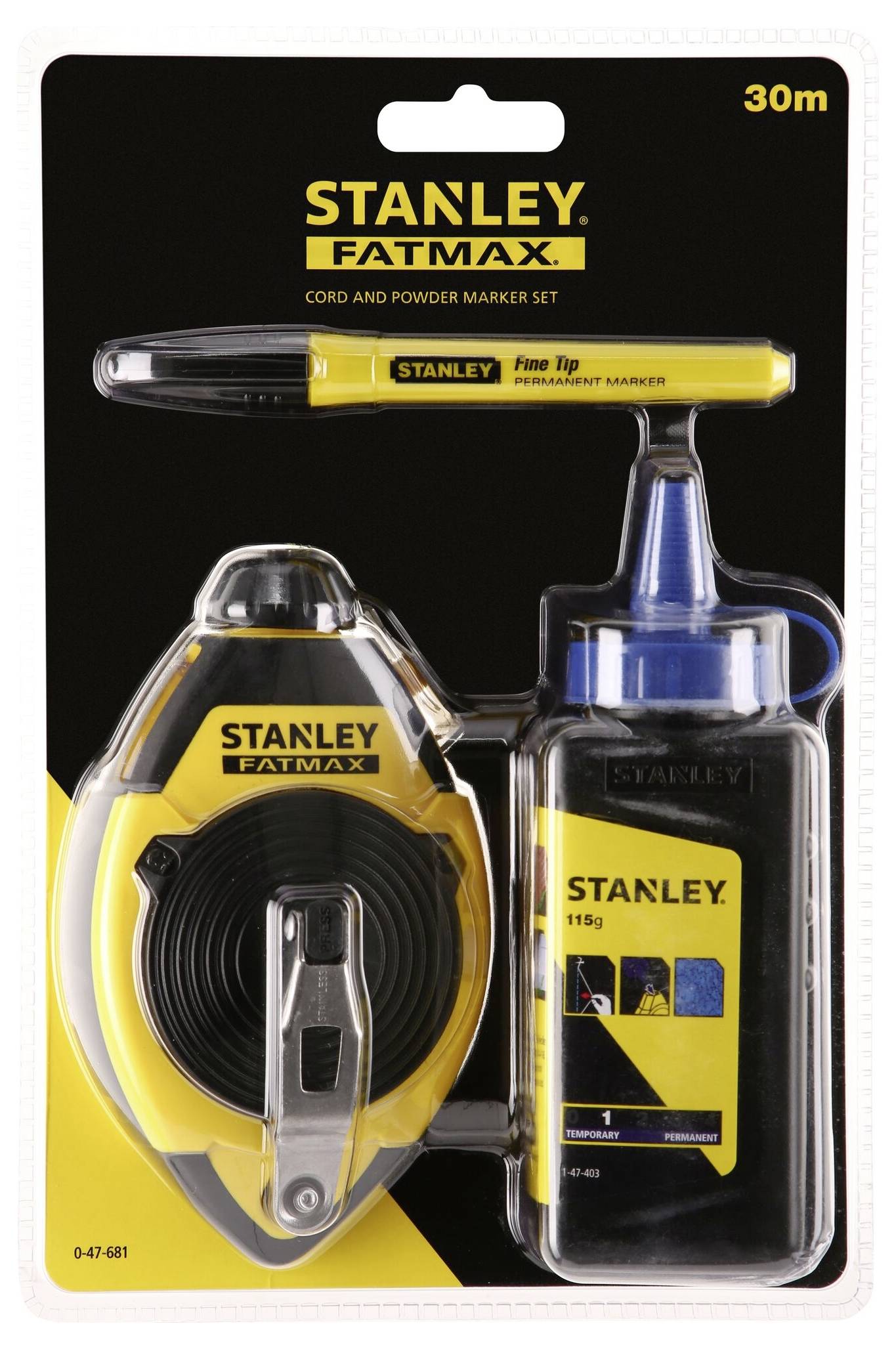 Ensemble de marquage Stanley FatMax comprenant une ligne de traçage, un marqueur à pointe fine et un flacon de poudre de craie, d'une longueur de 30 m.