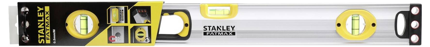 Niveau 'Stanley FatMax' avec design noir et jaune ; comprend plusieurs bulles de niveau pour un alignement précis des surfaces.