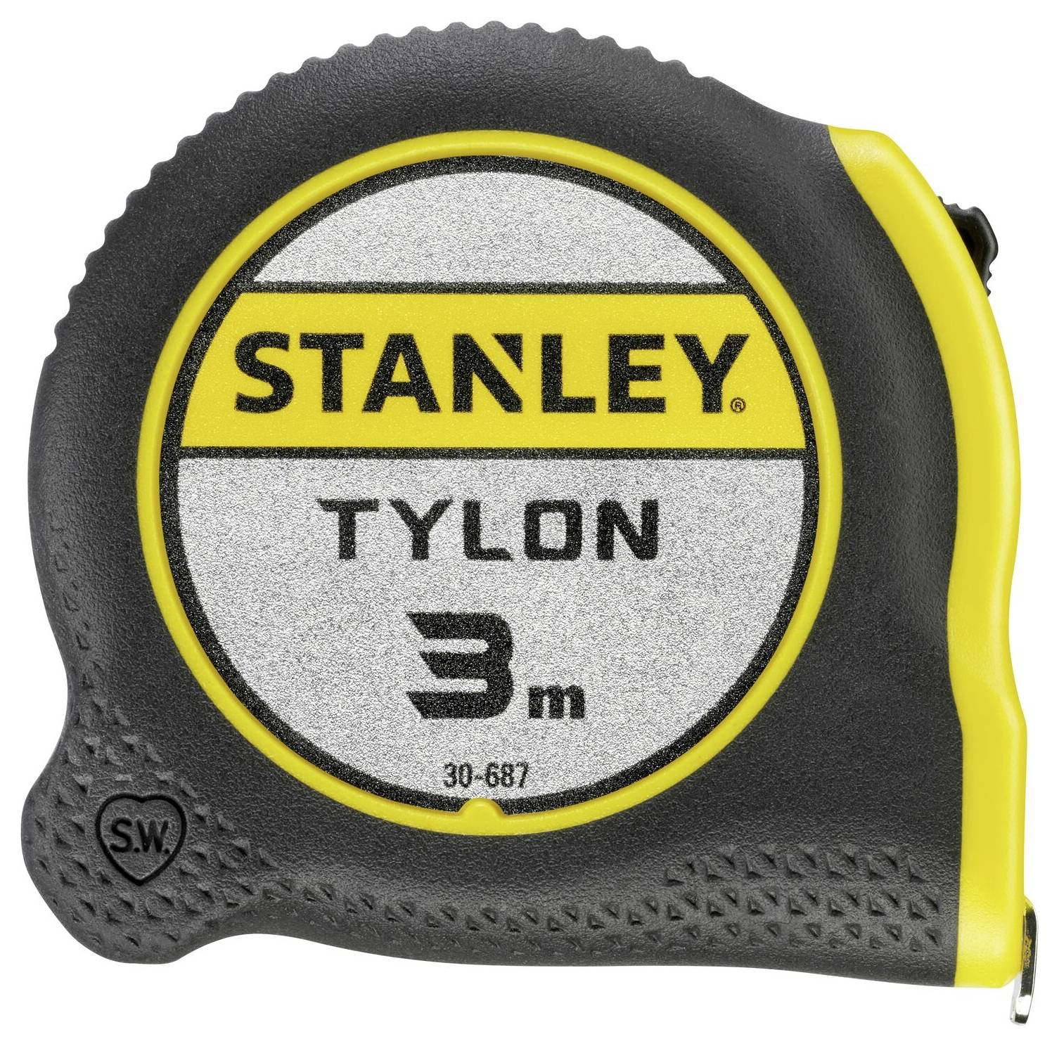Ruban à mesurer noir et jaune portant l'inscription 'Stanley Tylon 3m'.