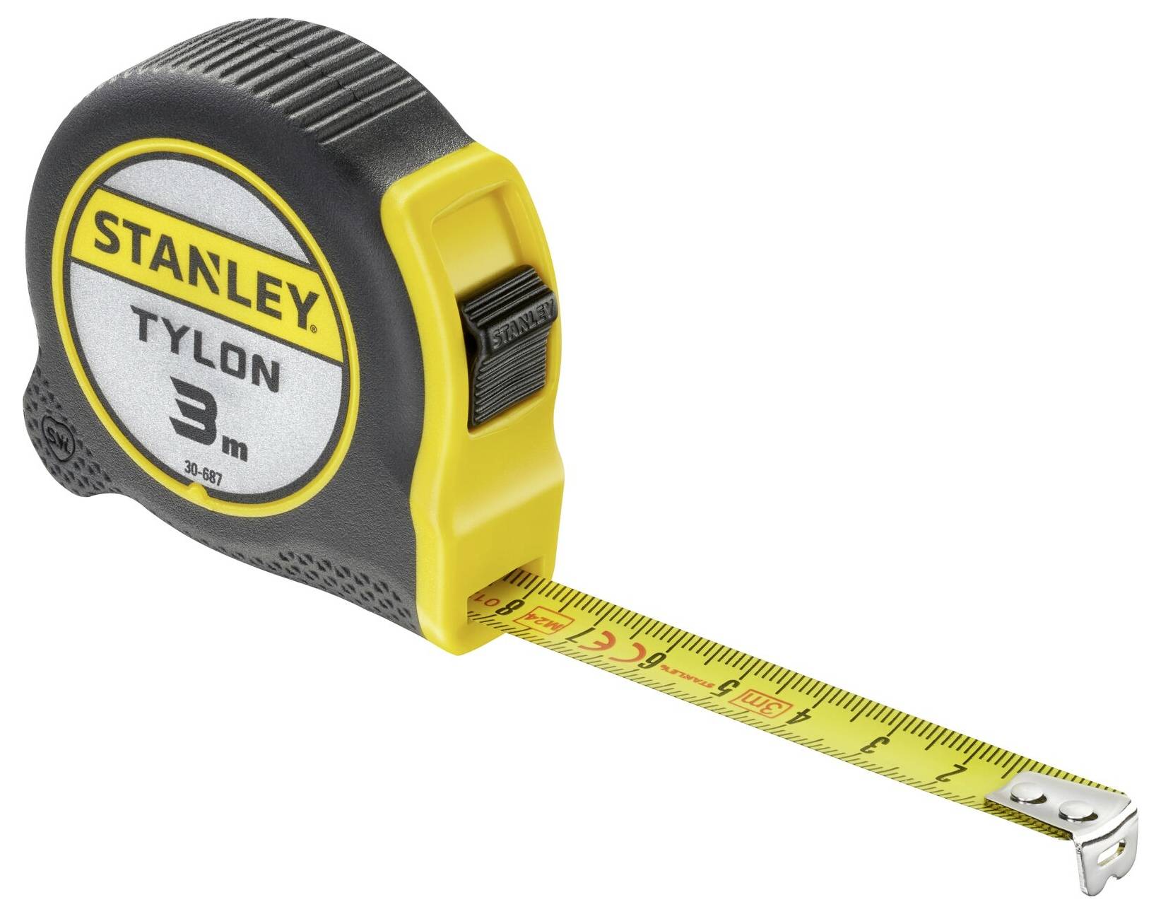 Un mètre ruban jaune et noir de la marque Stanley d'une longueur de 3 mètres, partiellement déroulé.