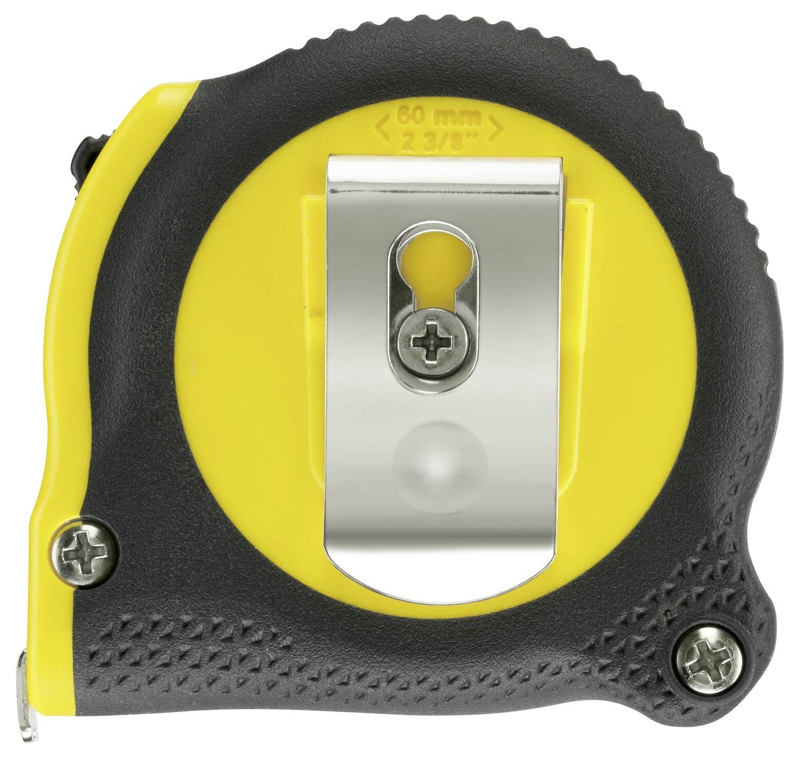 Un mètre pliant jaune et noir avec une agrafe métallique grise sur l'arrière.