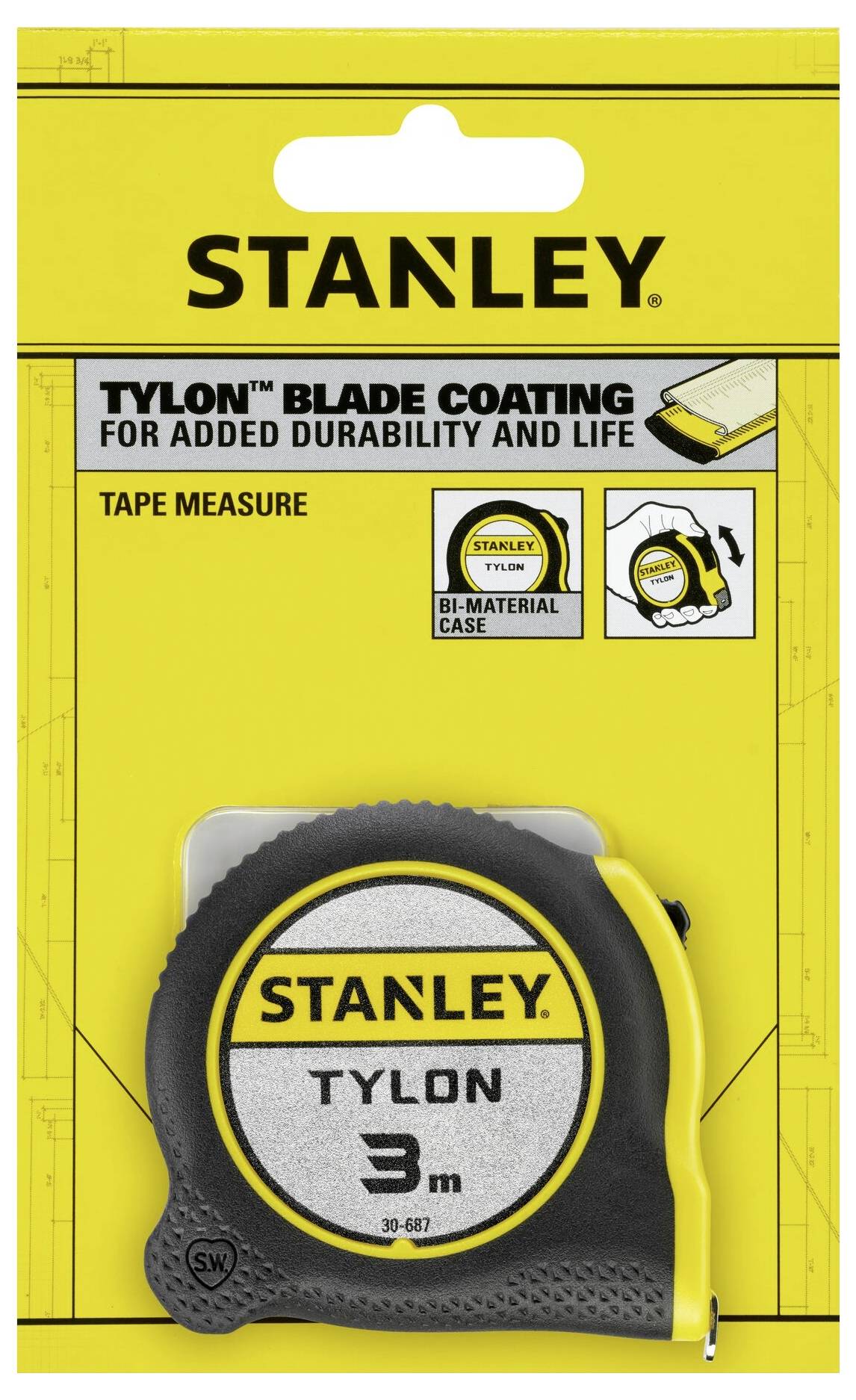 Ruban de mesure STANLEY Tylon de 3 mètres dans un boîtier jaune et noir. L'emballage met en avant la durabilité grâce à un revêtement spécial.